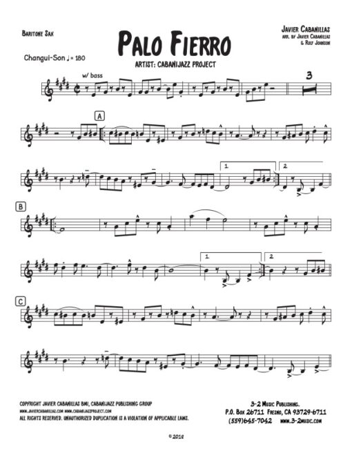 Palo Fierro bari (Download) Latin jazz printed sheet music www.3-2music.com composer and arranger Javier Cabanillas combo (septet) instrumentation