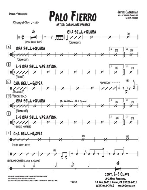 Palo Fierro drums (Download) Latin jazz printed sheet music www.3-2music.com composer and arranger Javier Cabanillas combo (septet) instrumentation