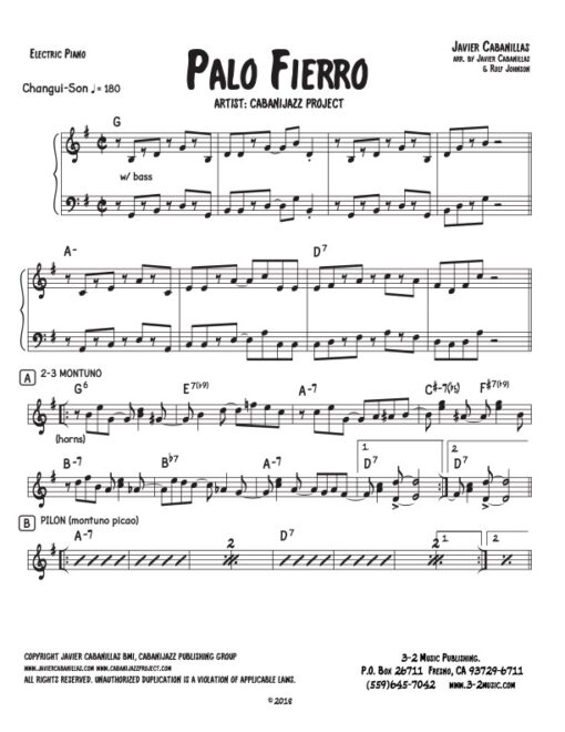 Palo Fierro electric piano (Download) Latin jazz printed sheet music www.3-2music.com composer and arranger Javier Cabanillas combo (septet) instrumentation