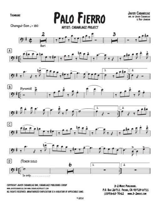 Palo Fierro trombone (Download) Latin jazz printed sheet music www.3-2music.com composer and arranger Javier Cabanillas combo (septet) instrumentation