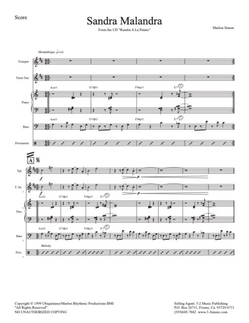 Sandra Malandra score (Download) Latin jazz printed combo sheet music www.3-2music.com composer and arranger Marlon Simon combo (sextet)