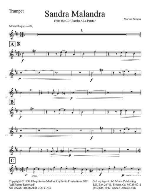 Sandra Malandra trumpet (Download) Latin jazz printed combo sheet music www.3-2music.com composer and arranger Marlon Simon combo (sextet)