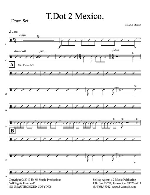T.Dot 2 Mexico drums (Download) Latin jazz printed sheet music www.3-2music.com composer and arranger Hilario Durán combo (nonet) instrumentation