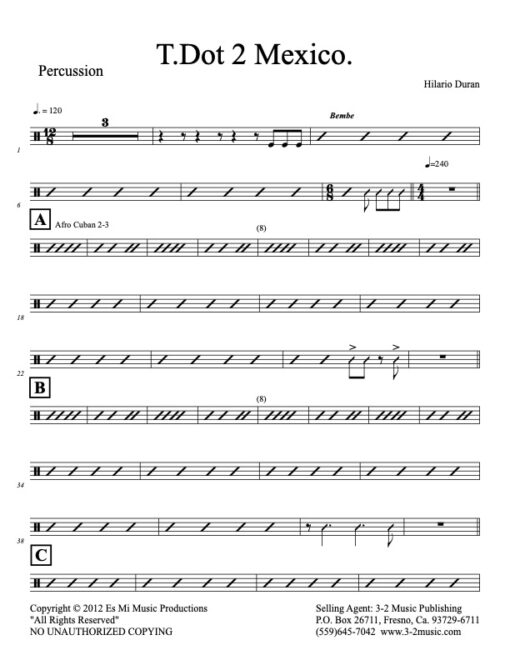 T.Dot 2 Mexico percussion (Download) Latin jazz printed sheet music www.3-2music.com composer and arranger Hilario Durán combo (nonet) instrumentation