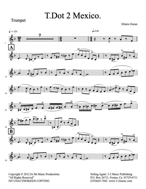 T.Dot 2 Mexico trumpet (Download) Latin jazz printed sheet music www.3-2music.com composer and arranger Hilario Durán combo (nonet) instrumentation