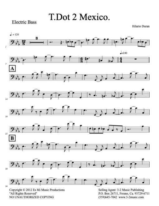 T.Dot 2 Mexico bass (Download) Latin jazz printed sheet music www.3-2music.com composer and arranger Hilario Durán combo (nonet) instrumentation