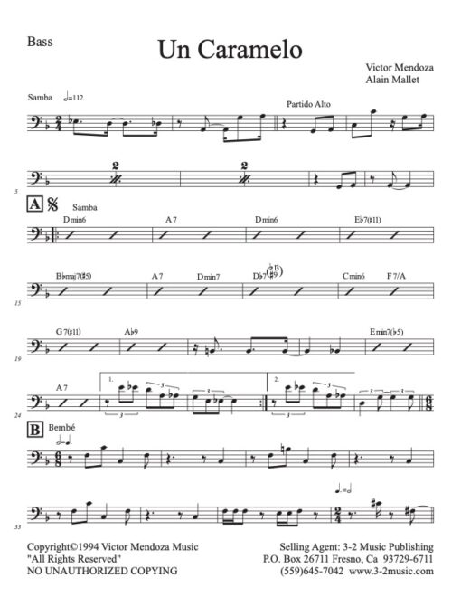 Un Caramelo bass (Download) Latin jazz printed sheet music www.3-2music.com composer and arranger Victor Mendoza combo (sextet) instrumentation