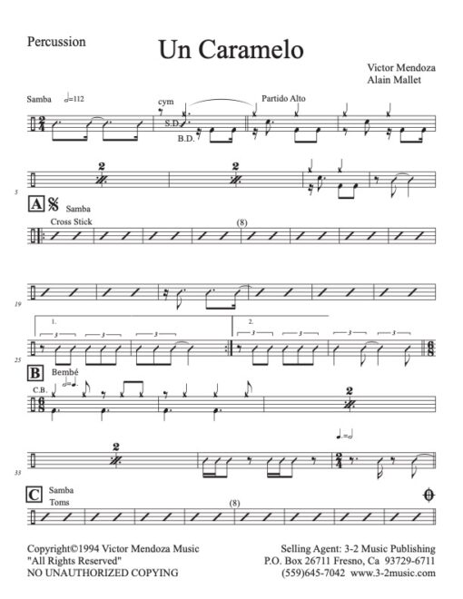 Un Caramelo percussion (Download) Latin jazz printed sheet music www.3-2music.com composer and arranger Victor Mendoza combo (sextet) instrumentation