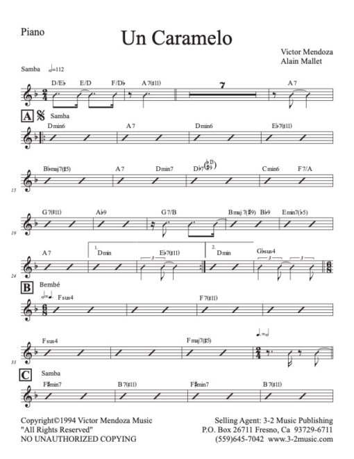 Un Caramelo piano (Download) Latin jazz printed sheet music www.3-2music.com composer and arranger Victor Mendoza combo (sextet) instrumentation