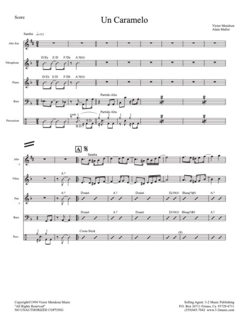Un Caramelo score (Download) Latin jazz printed sheet music www.3-2music.com composer and arranger Victor Mendoza combo (sextet) instrumentation