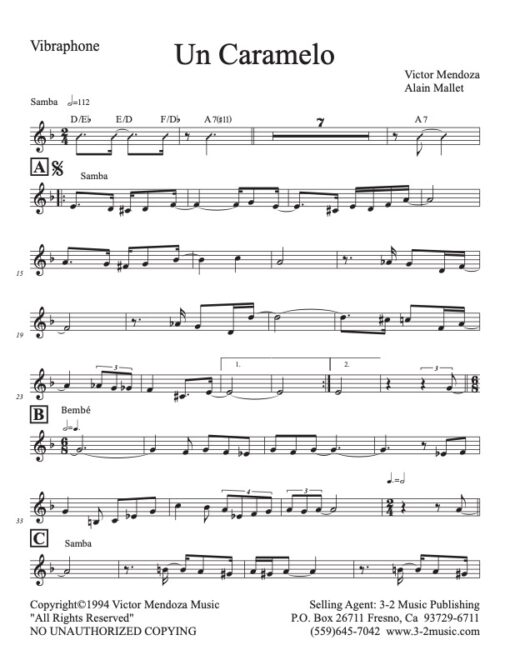 Un Caramelo vibes (Download) Latin jazz printed sheet music www.3-2music.com composer and arranger Victor Mendoza combo (sextet) instrumentation