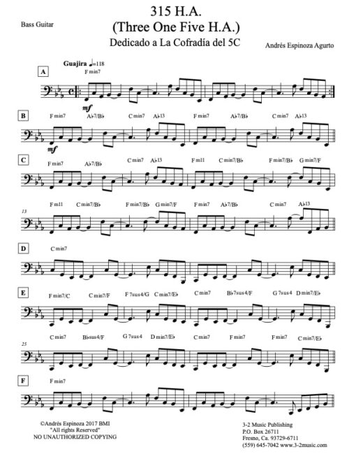 315 HA bass (Download) Latin jazz combo printed sheet music www.3-2music.com composer and arranger Andres Espinoza Agurto combo (septet)