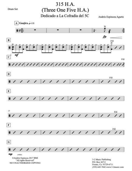 315 HA drums (Download) Latin jazz combo printed sheet music www.3-2music.com composer and arranger Andres Espinoza Agurto combo (septet)