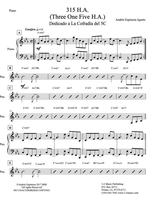 315 HA piano (Download) Latin jazz combo printed sheet music www.3-2music.com composer and arranger Andres Espinoza Agurto combo (septet)