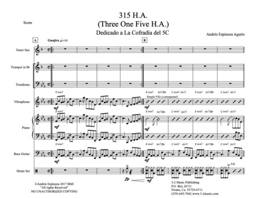 315 HA score (Download) Latin jazz combo printed sheet music www.3-2music.com composer and arranger Andres Espinoza Agurto combo (septet)
