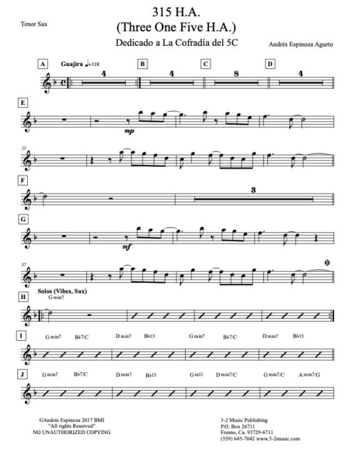 315 HA tenor (Download) Latin jazz combo printed sheet music www.3-2music.com composer and arranger Andres Espinoza Agurto combo (septet)