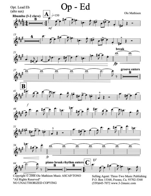 Op-Ed alto (Download) Latin jazz printed sheet www.3-2music.com composer and arranger Ole Mathisen combo (septet) instrumentation