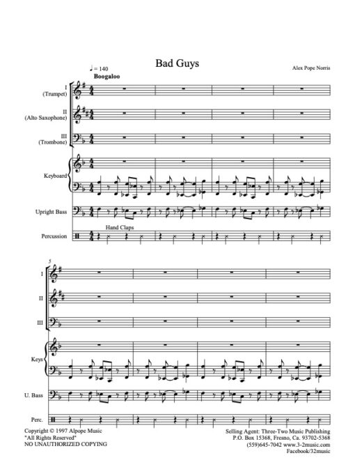 Bad Guys score (Download) Latin jazz printed music www.3-2music.com composer and arranger Alex Pope Norris combo (septet) instrumentation