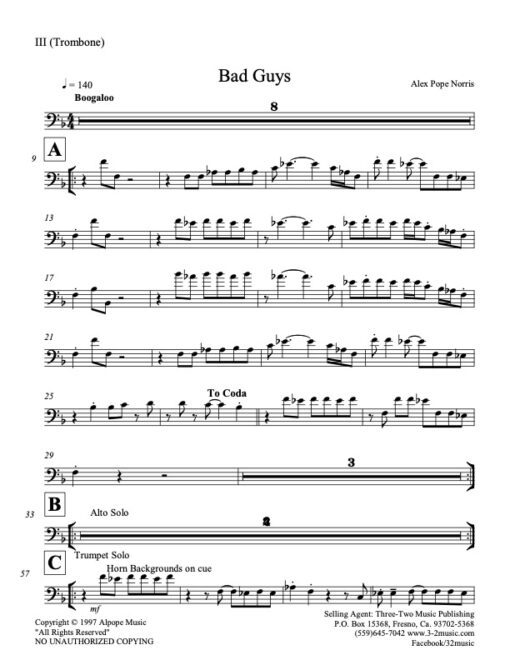 Bad Guys trombone (Download) Latin jazz printed music www.3-2music.com composer and arranger Alex Pope Norris combo (septet) instrumentation