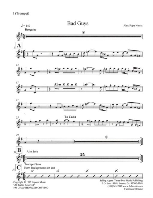 Bad Guys trumpet (Download) Latin jazz printed music www.3-2music.com composer and arranger Alex Pope Norris combo (septet) instrumentation