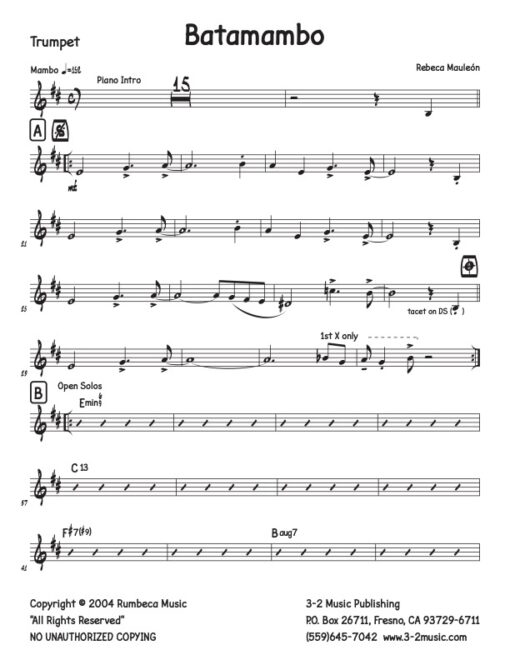 Batamambo trumpet (Download) Latin jazz printed sheet music www.3-2music.com composer and arranger Rebeca Mauleón combo (quintet) instrumentation