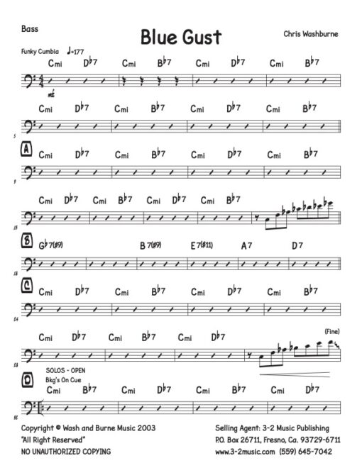 Blue Gust bass (Download) Latin jazz printed sheet music www.3-2music.com composer and arranger Chris Washburne combo (septet) instrumentation