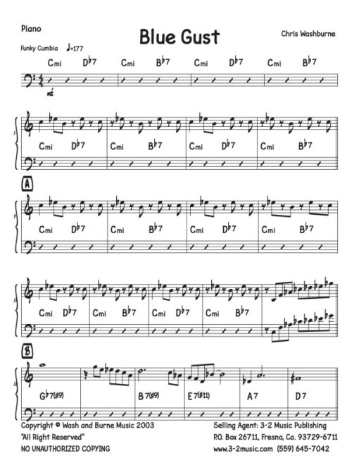 Blue Gust trumpet (Download) Latin jazz printed sheet music www.3-2music.com composer and arranger Chris Washburne combo (septet) instrumentation