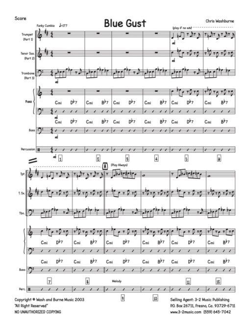 Blue Gust score (Download) Latin jazz printed sheet music www.3-2music.com composer and arranger Chris Washburne combo (septet) instrumentation