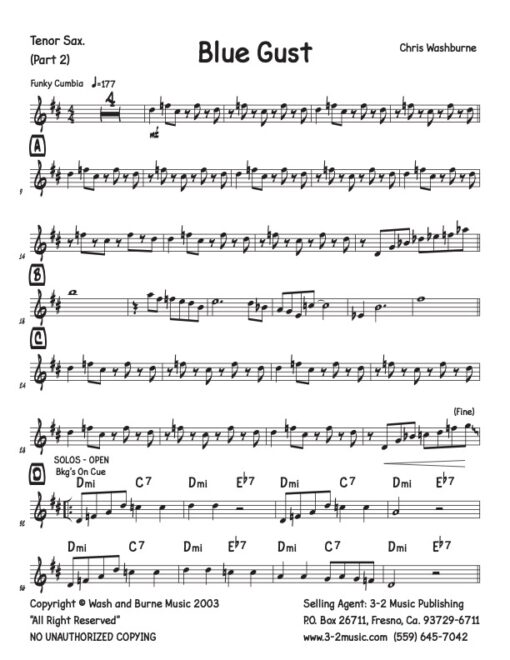 Blue Gust tenor (Download) Latin jazz printed sheet music www.3-2music.com composer and arranger Chris Washburne combo (septet) instrumentation