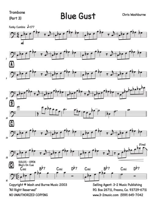 Blue Gust trombone (Download) Latin jazz printed sheet music www.3-2music.com composer and arranger Chris Washburne combo (septet) instrumentation