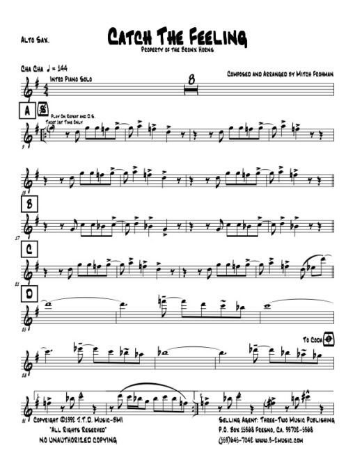Catch The Feeling alto (Download) Latin jazz printed sheet music www.3-2music.com composer and arranger Mitch Frohman combo (septet) instrumentation