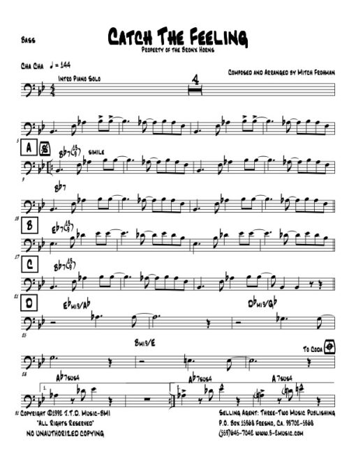 Catch The Feeling bass (Download) Latin jazz printed sheet music www.3-2music.com composer and arranger Mitch Frohman combo (septet) instrumentation