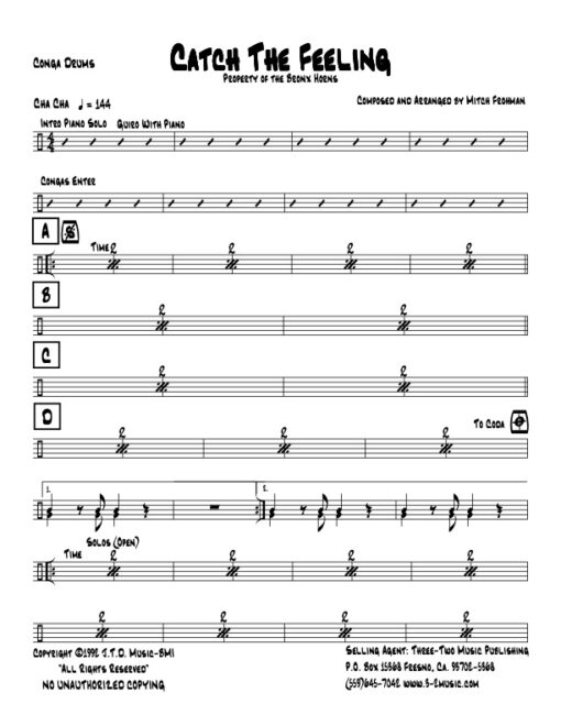 Catch The Feeling congas (Download) Latin jazz printed sheet music www.3-2music.com composer and arranger Mitch Frohman combo (septet) instrumentation