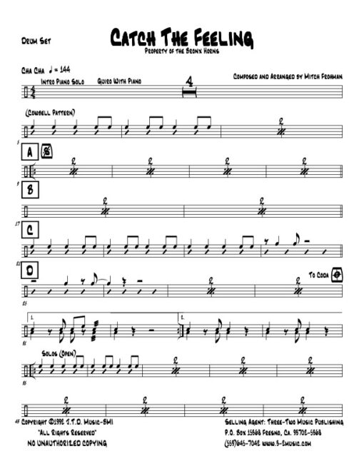 Catch The Feeling drums (Download) Latin jazz printed sheet music www.3-2music.com composer and arranger Mitch Frohman combo (septet) instrumentation