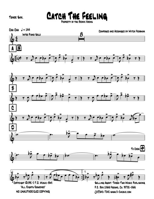 Catch The Feeling tenor (Download) Latin jazz printed sheet music www.3-2music.com composer and arranger Mitch Frohman combo (septet) instrumentation