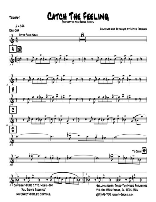 Catch The Feeling trumpet (Download) Latin jazz printed sheet music www.3-2music.com composer and arranger Mitch Frohman combo (septet) instrumentation