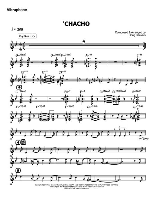 Chacho V.1 vibes (Download) Latin jazz printed combo sheet music www.3-2music.com composer and arranger Doug Beavers combo (sextet) instrumentation