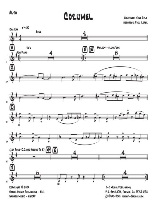 Cozumel alto (Download) Latin jazz printed sheet music www.3-2music.com composer and arranger Jose Rizo little big band instrumentation