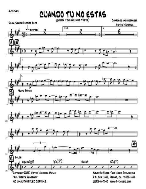 Cuando Tu No Estas alto (Download) Latin jazz printed sheet music www.3-2music.com composer and arranger Victor Mendoza combo (sextet) instrumentation