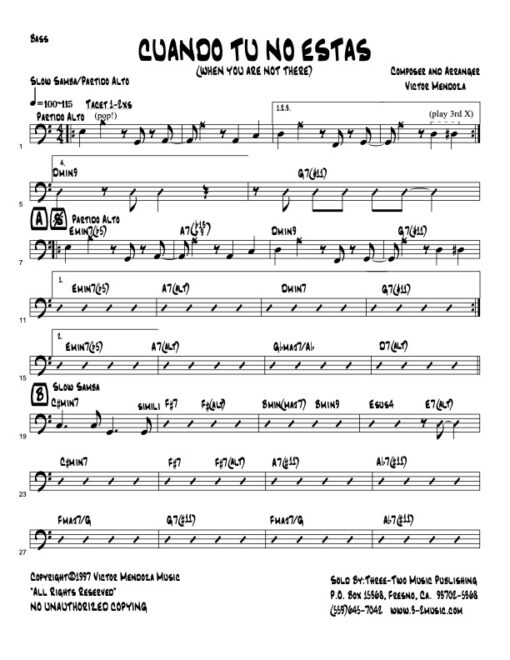 Cuando Tu No Estas bass (Download) Latin jazz printed sheet music www.3-2music.com composer and arranger Victor Mendoza combo (sextet) instrumentation