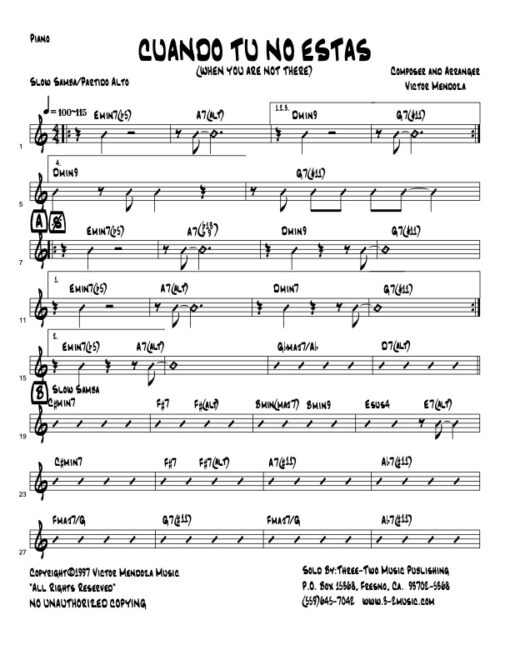 Cuando Tu No Estas piano (Download) Latin jazz printed sheet music www.3-2music.com composer and arranger Victor Mendoza combo (sextet) instrumentation