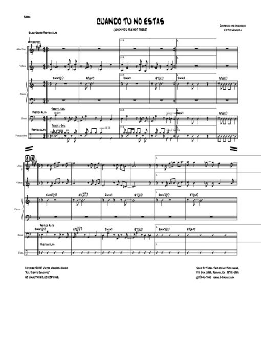 Cuando Tu No Estas score (Download) Latin jazz printed sheet music www.3-2music.com composer and arranger Victor Mendoza combo (sextet) instrumentation