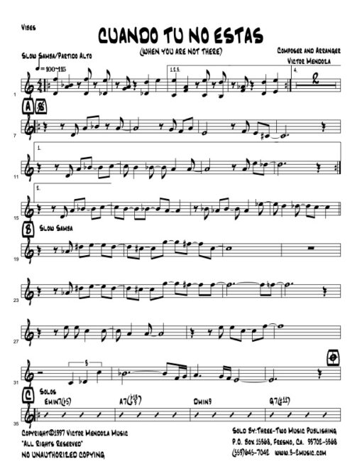 Cuando Tu No Estas vibes (Download) Latin jazz printed sheet music www.3-2music.com composer and arranger Victor Mendoza combo (sextet) instrumentation