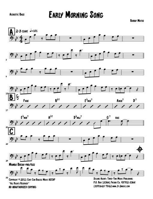 Early Morning Song bass (Download) Latin jazz printed sheet www.3-2music.com composer and arranger Bobby Matos combo (sextet) instrumentation