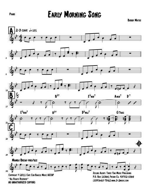 Early Morning Song piano (Download) Latin jazz printed sheet www.3-2music.com composer and arranger Bobby Matos combo (sextet) instrumentation