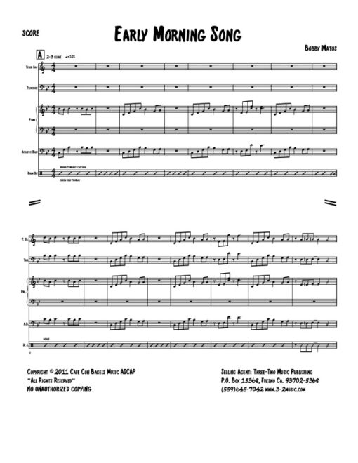 Early Morning Song score (Download) Latin jazz printed sheet www.3-2music.com composer and arranger Bobby Matos combo (sextet) instrumentation