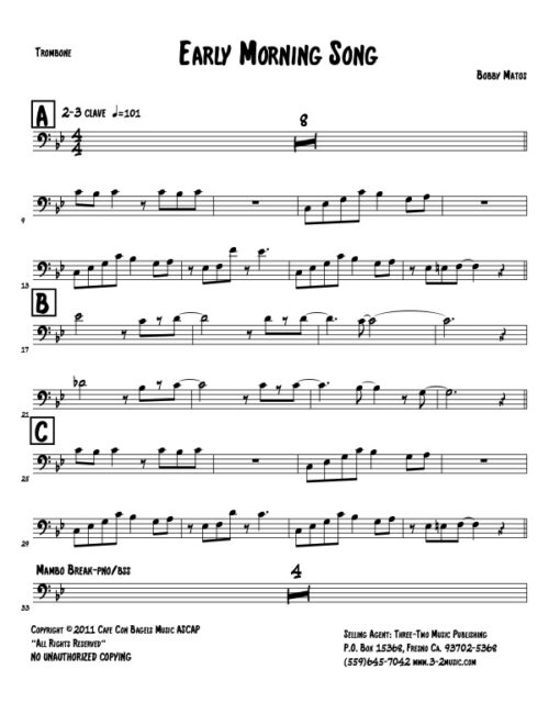 Early Morning Song trombone (Download) Latin jazz printed sheet www.3-2music.com composer and arranger Bobby Matos combo (sextet) instrumentation
