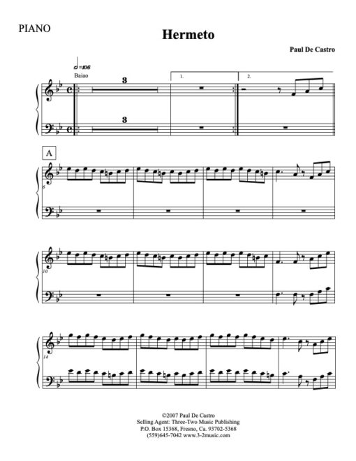 Hermeto piano (Download) Latin jazz printed sheet music www.3-2music.com composer and arranger Paul De Castro combo (septet) instrumentation