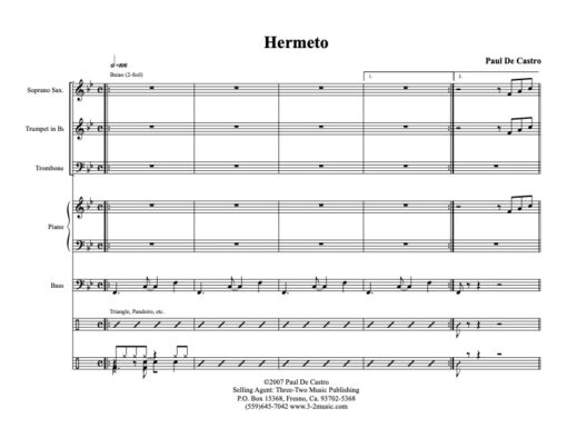 Hermeto score (Download) Latin jazz printed sheet music www.3-2music.com composer and arranger Paul De Castro combo (septet) instrumentation