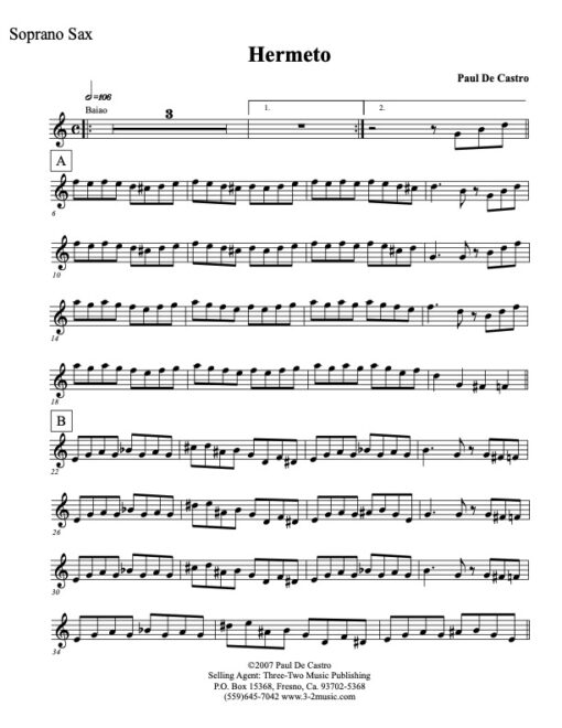 Hermeto soprano (Download) Latin jazz printed sheet music www.3-2music.com composer and arranger Paul De Castro combo (septet) instrumentation